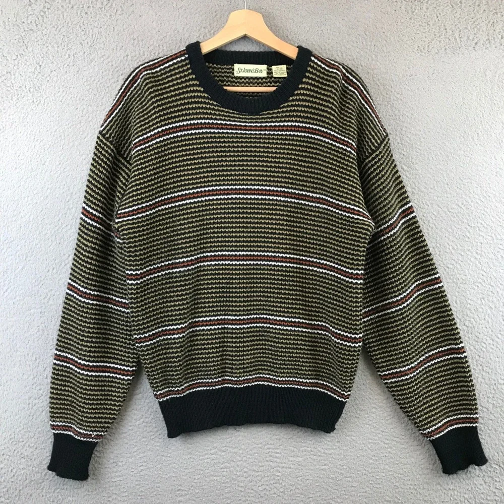 Vintage St Johns Bay Men's Striped‎ Sweater L Acrylic Green